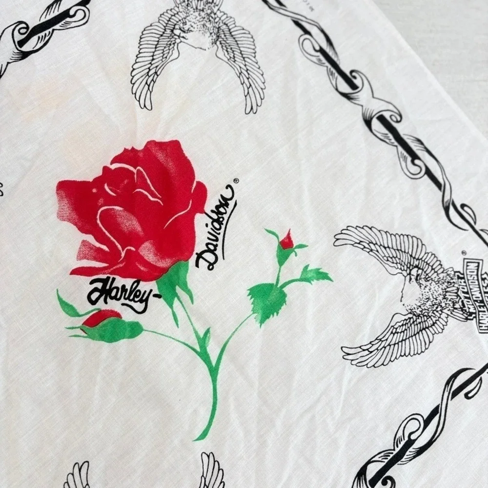 Vintage Official Harley-Davidson Rose Bandana Made In USA Eagles Black and White